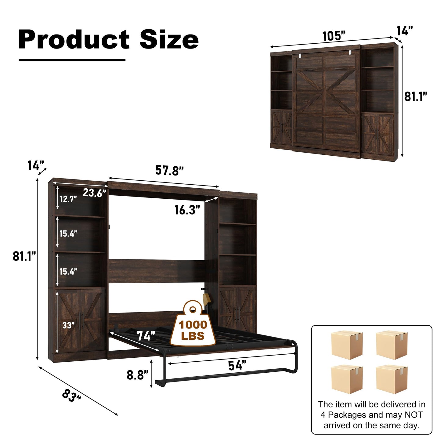 Hlivelood Full Size Murphy Bed w/2 Storage Cabinet&2 LED Light, Farmhouse Wood Hidden Foldable Wall Bed Frame, Storage Bed Cabinet for Bedroom, Office, Space-Saving, No Box Spring Needed, Brown