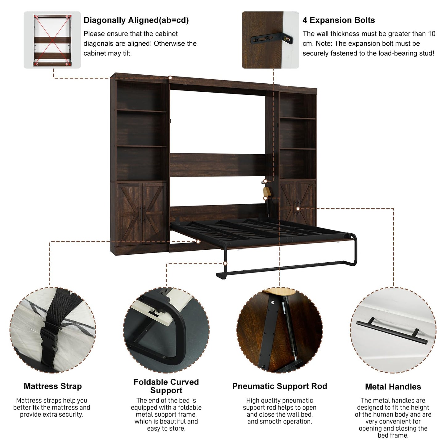 Hlivelood Full Size Murphy Bed w/2 Storage Cabinet&2 LED Light, Farmhouse Wood Hidden Foldable Wall Bed Frame, Storage Bed Cabinet for Bedroom, Office, Space-Saving, No Box Spring Needed, Brown