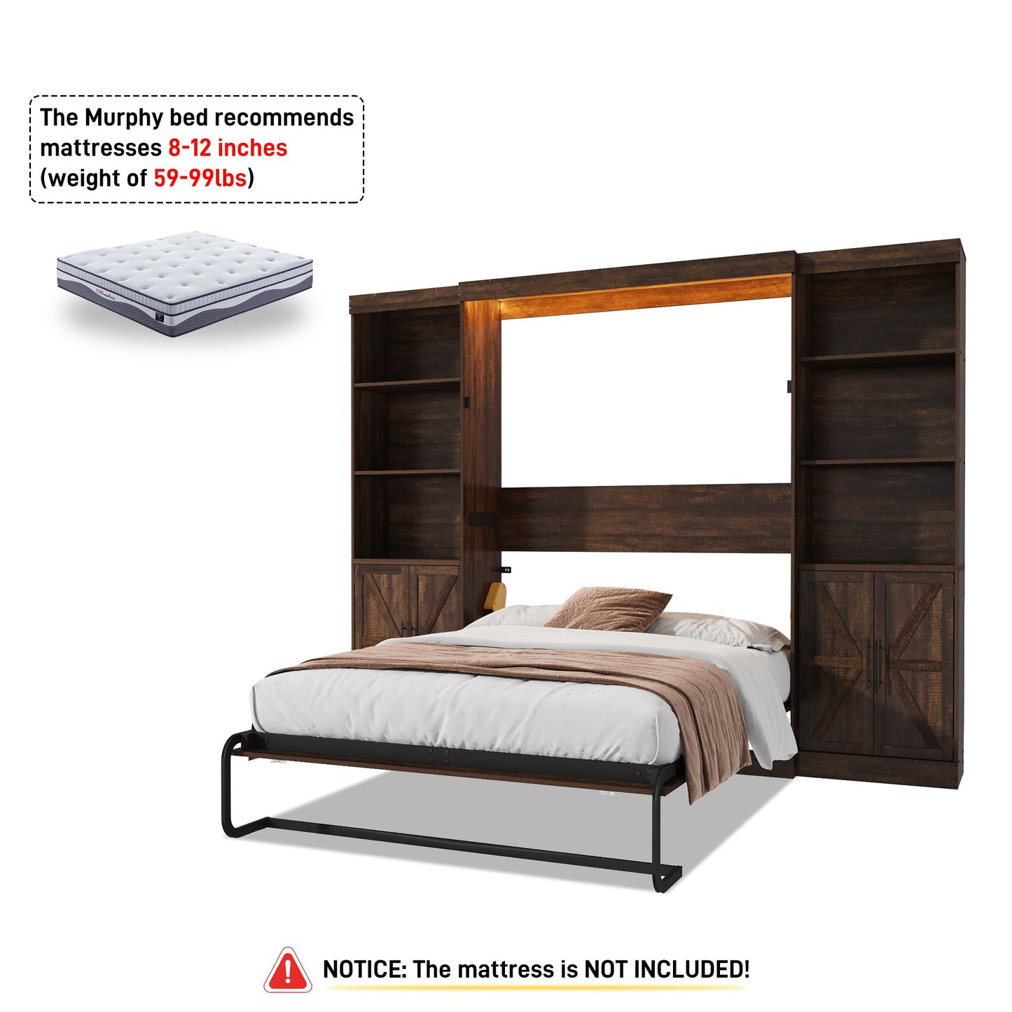 Hlivelood Full Size Murphy Bed w/2 Storage Cabinet&2 LED Light, Farmhouse Wood Hidden Foldable Wall Bed Frame, Storage Bed Cabinet for Bedroom, Office, Space-Saving, No Box Spring Needed, Brown