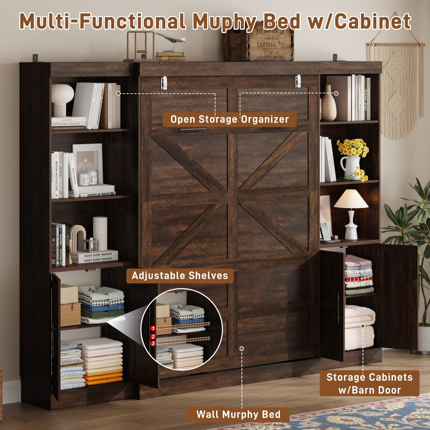Hlivelood Full Size Murphy Bed w/2 Storage Cabinet&2 LED Light, Farmhouse Wood Hidden Foldable Wall Bed Frame, Storage Bed Cabinet for Bedroom, Office, Space-Saving, No Box Spring Needed, Brown