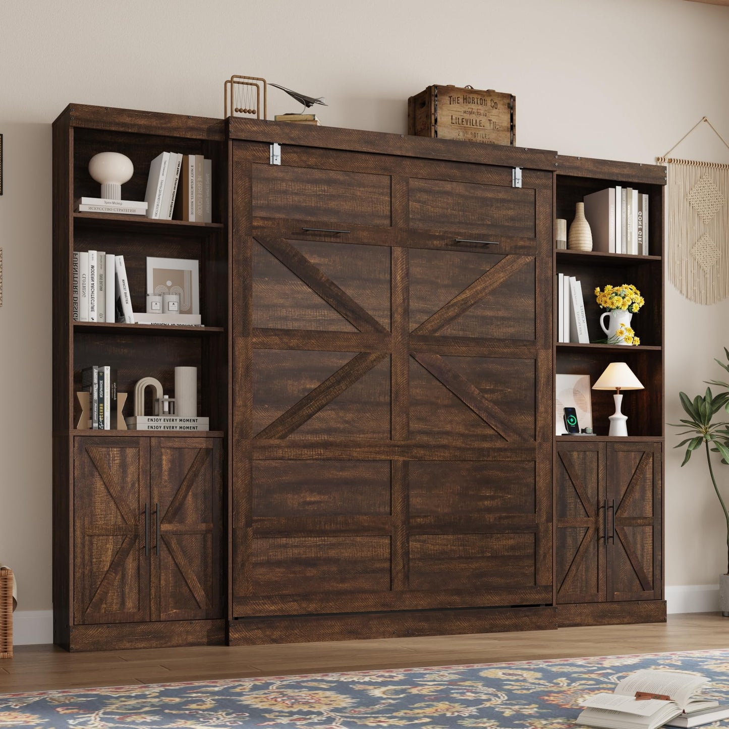 Hlivelood Full Size Murphy Bed w/2 Storage Cabinet&2 LED Light, Farmhouse Wood Hidden Foldable Wall Bed Frame, Storage Bed Cabinet for Bedroom, Office, Space-Saving, No Box Spring Needed, Brown