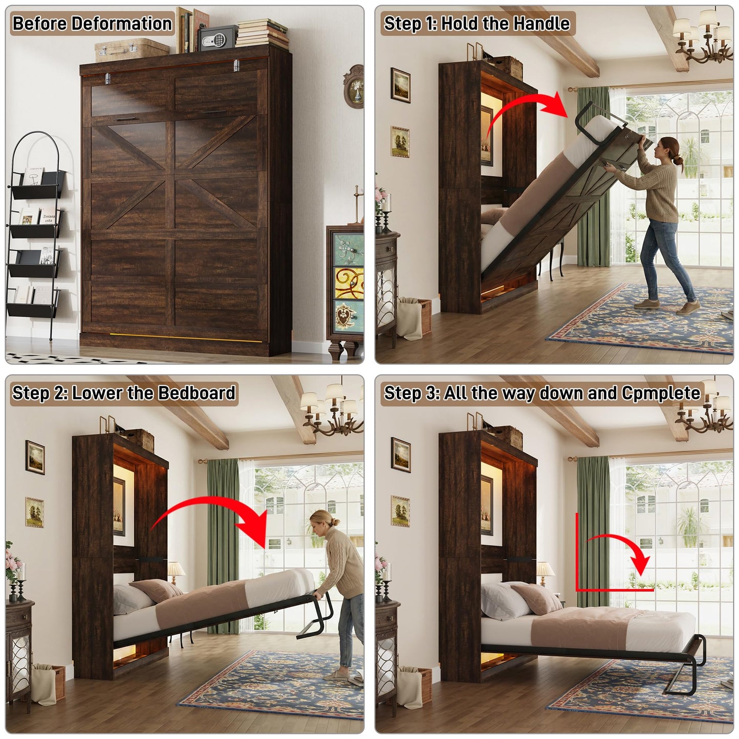 Hlivelood Full Size Murphy Bed w/2 Storage Cabinet&2 LED Light, Farmhouse Wood Hidden Foldable Wall Bed Frame, Storage Bed Cabinet for Bedroom, Office, Space-Saving, No Box Spring Needed, Brown