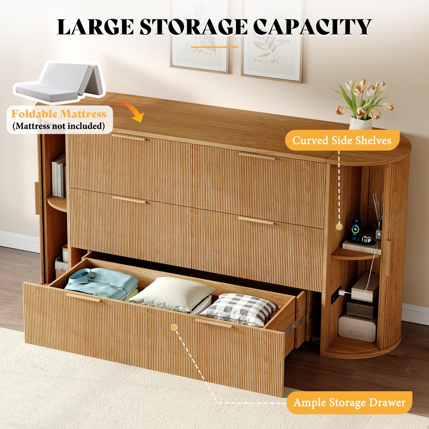 AMERLIFE Queen Murphy Bed with Storage & Sliding Tambour Door
