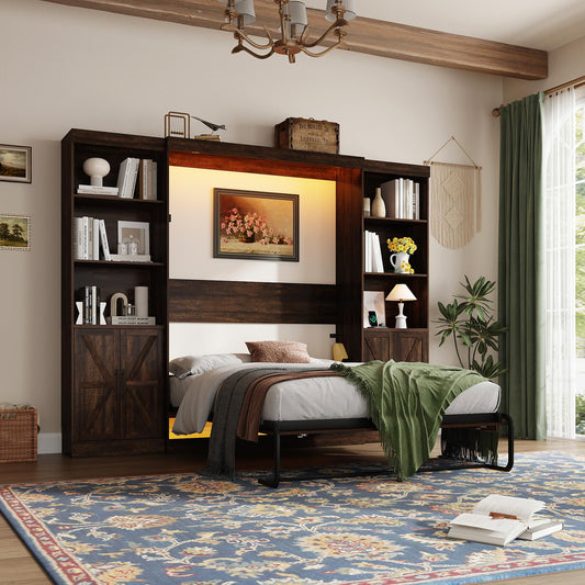 Hlivelood Full Size Murphy Bed w/2 Storage Cabinet&2 LED Light, Farmhouse Wood Hidden Foldable Wall Bed Frame, Storage Bed Cabinet for Bedroom, Office, Space-Saving, No Box Spring Needed, Brown
