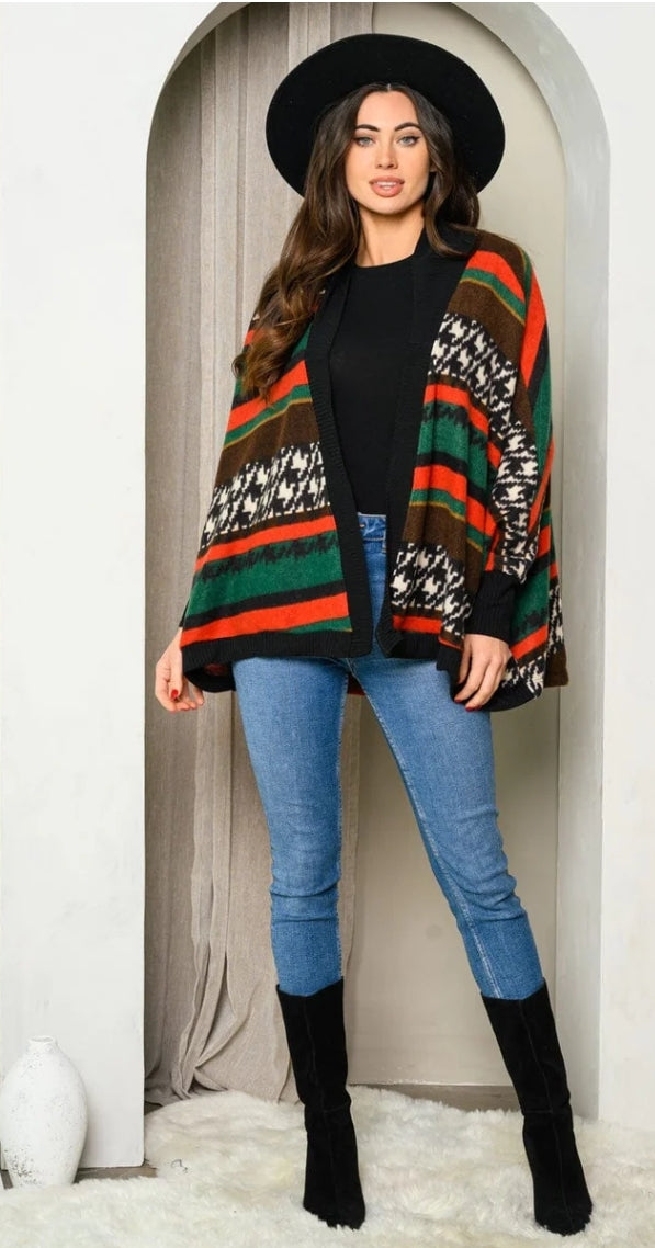 Long Sleeve Multicolored Open Front Cardigan