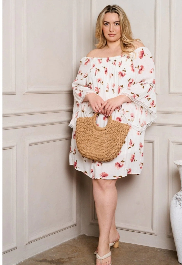 Plus Size Off Shoulder Bell Sleeve Tunic Mini Dress - JBAEssential's